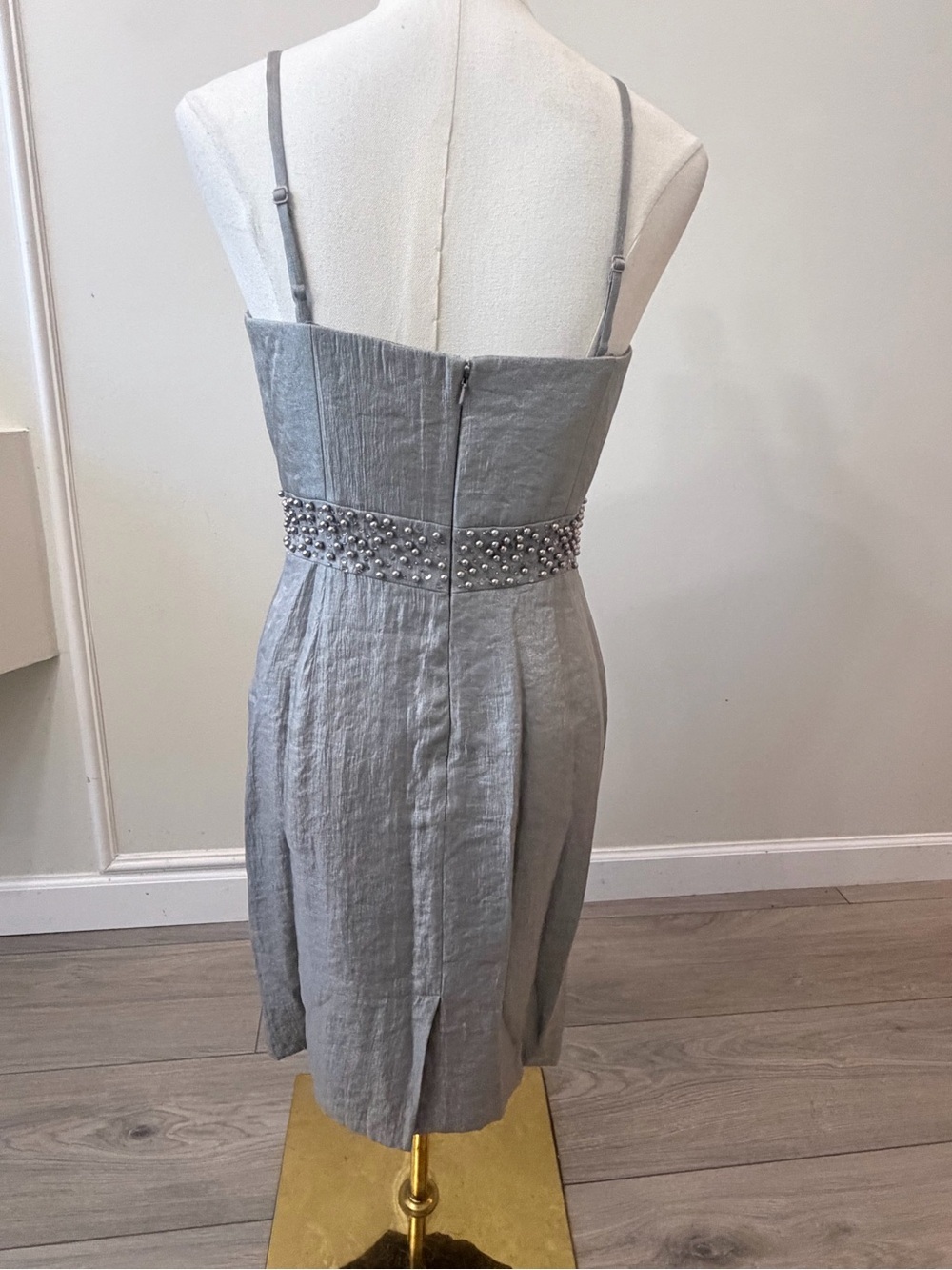 Adrianna Papell Silver Midi Dress with Lilac Ruffle & Jeweled Waistband - Picture 10 of 13